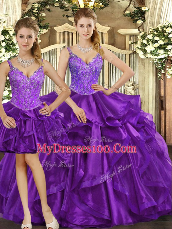 Attractive Purple Lace Up 15 Quinceanera Dress Beading and Ruffles Sleeveless Floor Length