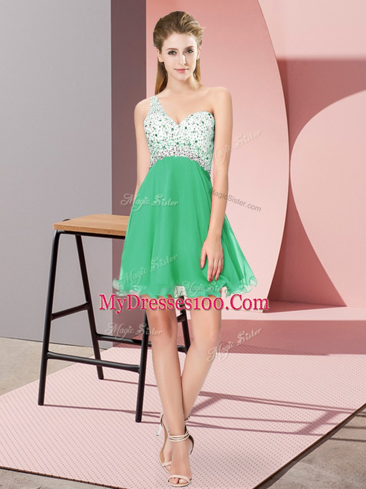 Super One Shoulder Sleeveless Prom Party Dress Mini Length Beading Turquoise Chiffon