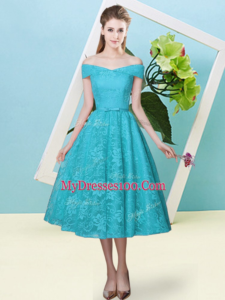 Sumptuous Lace Cap Sleeves Tea Length Vestidos de Damas and Bowknot