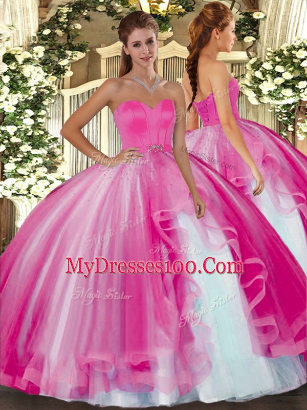 Noble Hot Pink Sleeveless Floor Length Beading Lace Up Vestidos de Quinceanera