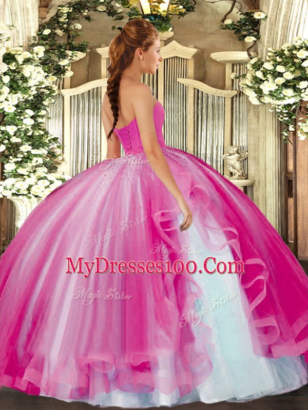 Noble Hot Pink Sleeveless Floor Length Beading Lace Up Vestidos de Quinceanera