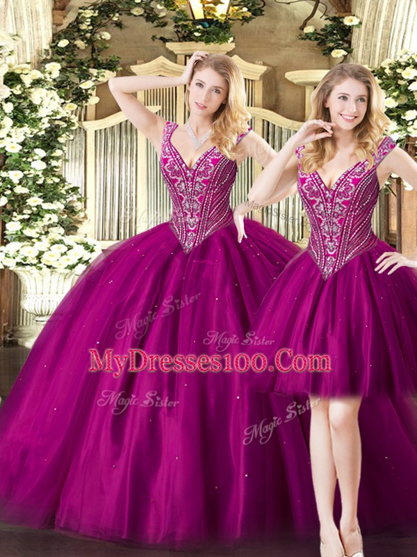 Glamorous Fuchsia Sleeveless Floor Length Beading Lace Up Quinceanera Gowns