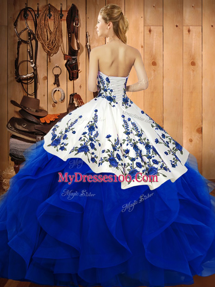 Spectacular Floor Length Baby Blue 15th Birthday Dress Satin and Organza Sleeveless Embroidery and Ruffles