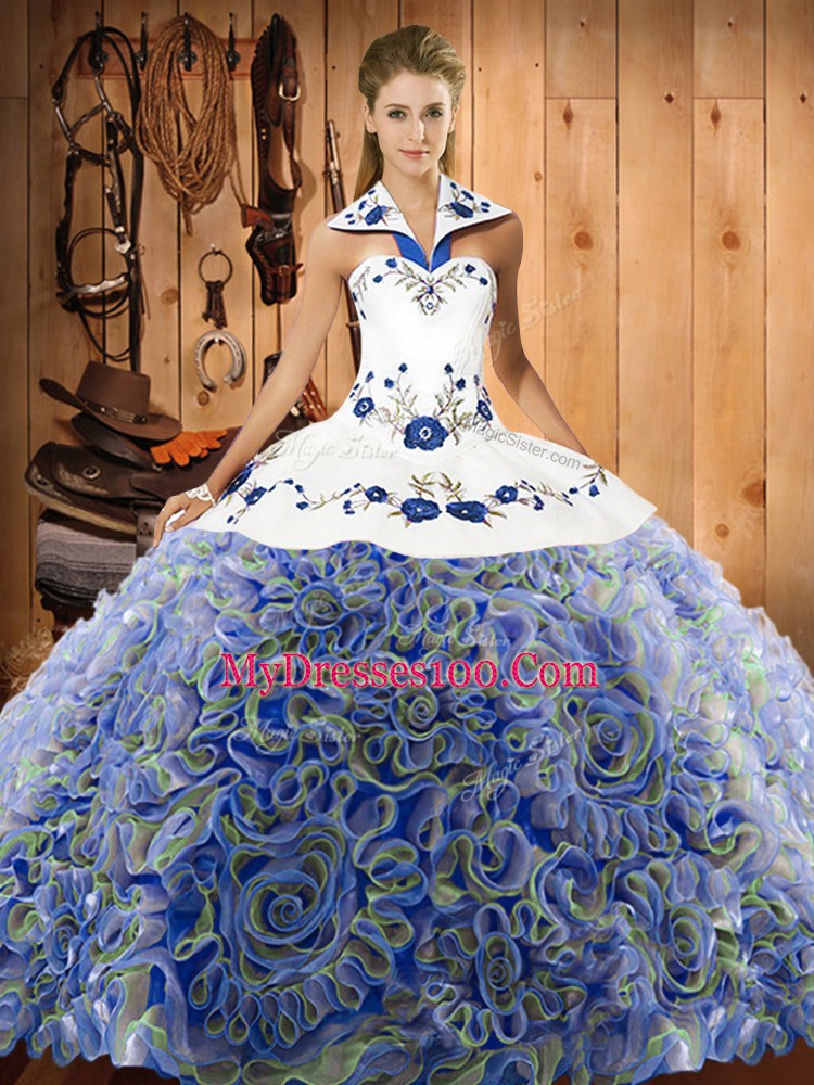 Sweep Train Ball Gowns Sweet 16 Quinceanera Dress Multi-color Halter Top Fabric With Rolling Flowers Sleeveless Lace Up