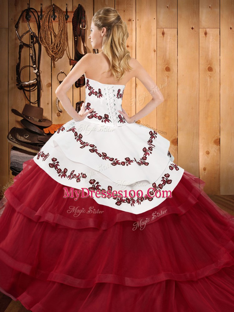 Tulle Strapless Sleeveless Sweep Train Lace Up Embroidery and Ruffled Layers Sweet 16 Quinceanera Dress in Blue