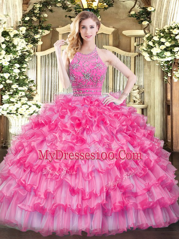 Hot Pink Ball Gowns Tulle Halter Top Sleeveless Beading and Ruffled Layers Floor Length Zipper Quince Ball Gowns