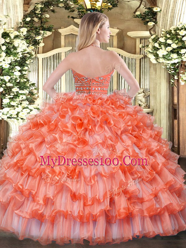 Hot Pink Ball Gowns Tulle Halter Top Sleeveless Beading and Ruffled Layers Floor Length Zipper Quince Ball Gowns