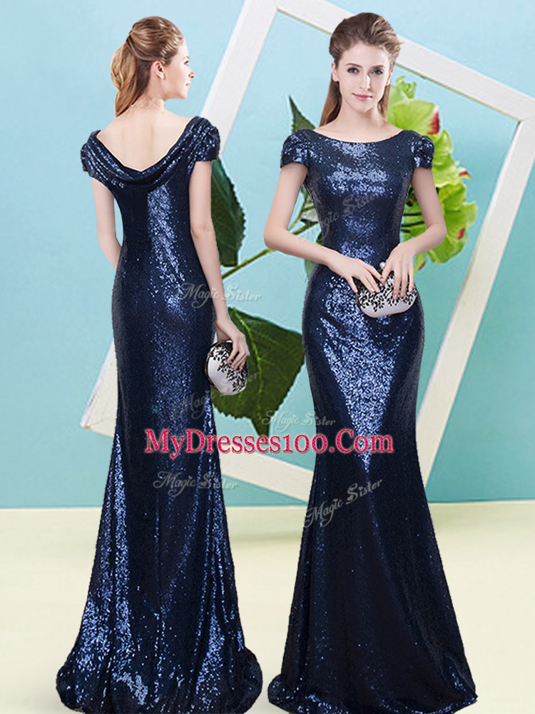 Decent Scoop Cap Sleeves Prom Dresses Floor Length Sequins Navy Blue Sequined