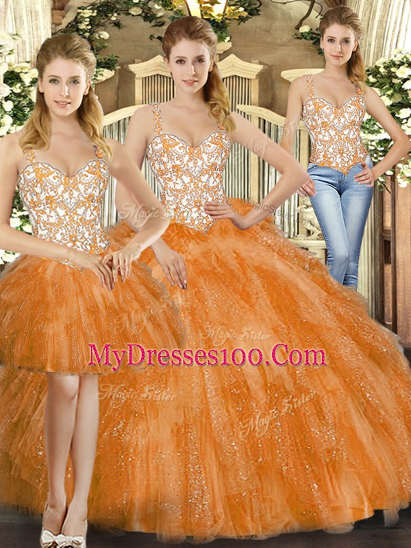 Elegant Sleeveless Floor Length Beading and Ruffles Lace Up Quinceanera Gowns with Orange Red