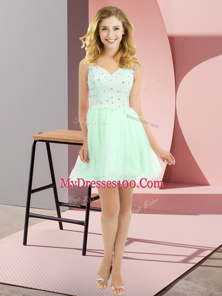 V-neck Sleeveless Bridesmaid Dress Mini Length Beading and Lace Apple Green Tulle