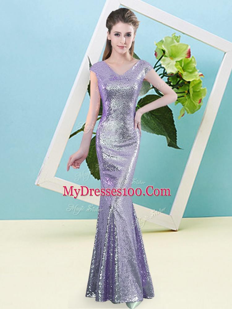 Lavender Zipper V-neck Sequins Prom Party Dress Sequined Cap Sleeves