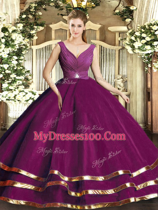 Gorgeous Tulle V-neck Sleeveless Backless Beading and Ruffled Layers and Ruching Sweet 16 Dresses in Fuchsia