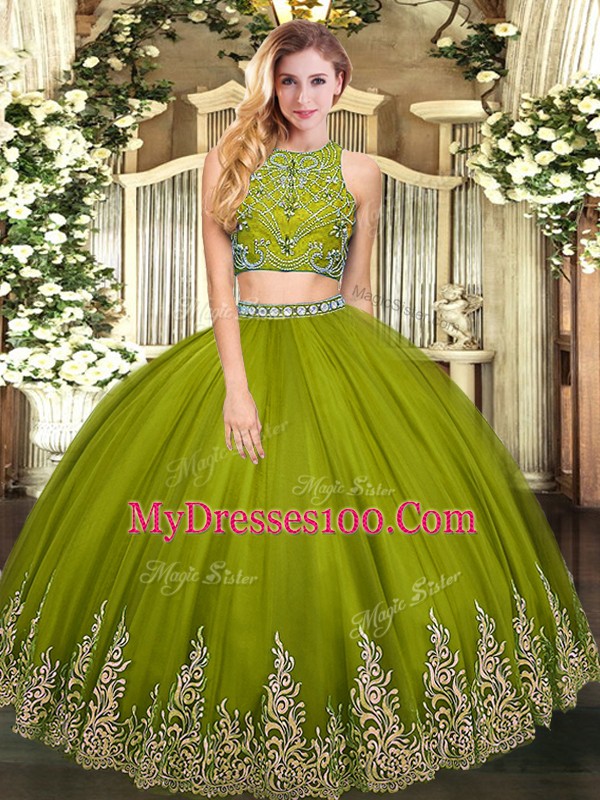 Delicate Floor Length Two Pieces Sleeveless Olive Green Quinceanera Dress Zipper