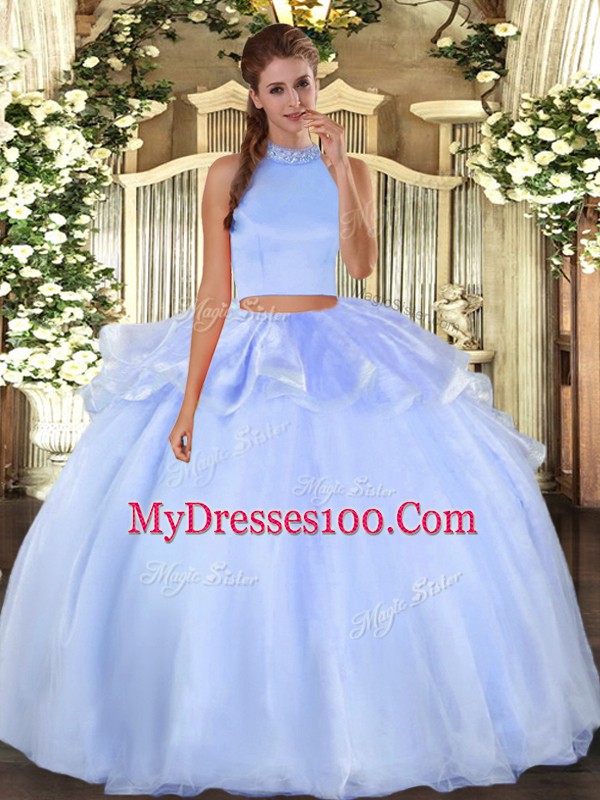 Stunning Floor Length Two Pieces Sleeveless Light Blue Ball Gown Prom Dress Backless