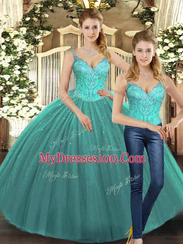 Turquoise Two Pieces Tulle Straps Sleeveless Beading Floor Length Lace Up Quince Ball Gowns