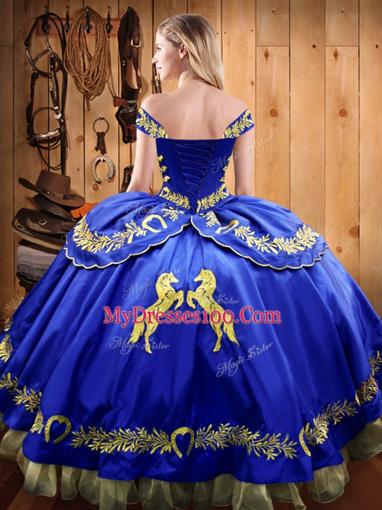 Romantic Royal Blue Off The Shoulder Lace Up Beading and Embroidery Quinceanera Gown Sleeveless