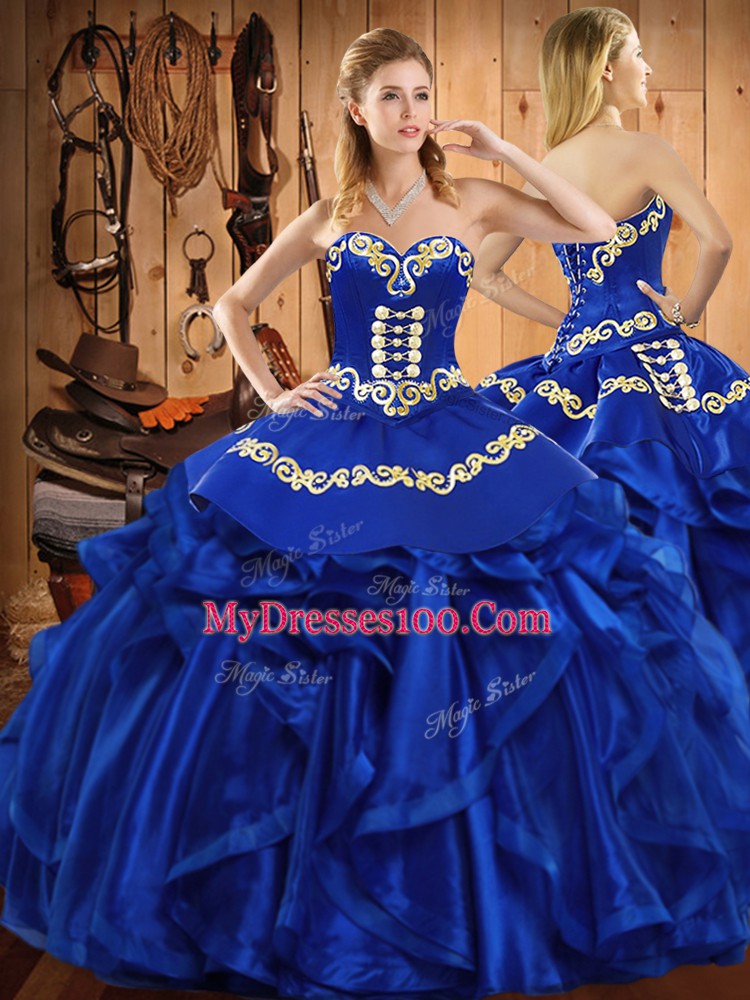 Fabulous Royal Blue Sleeveless Embroidery and Ruffles Floor Length Quinceanera Gowns