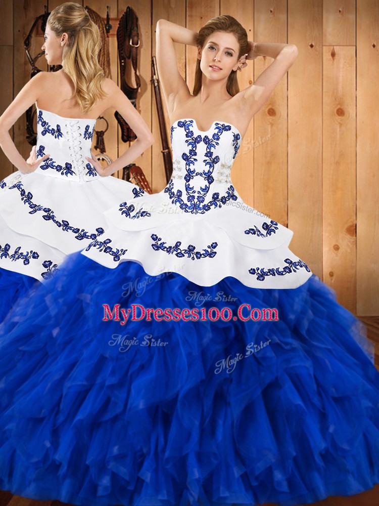 Sleeveless Lace Up Floor Length Embroidery and Ruffles Quince Ball Gowns