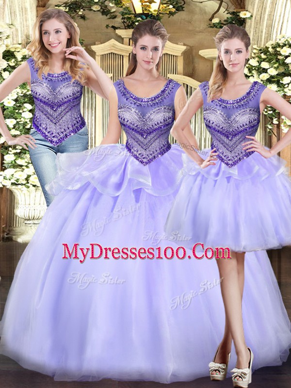 Lavender Ball Gowns Beading and Ruffles Sweet 16 Dress Lace Up Tulle Sleeveless Floor Length