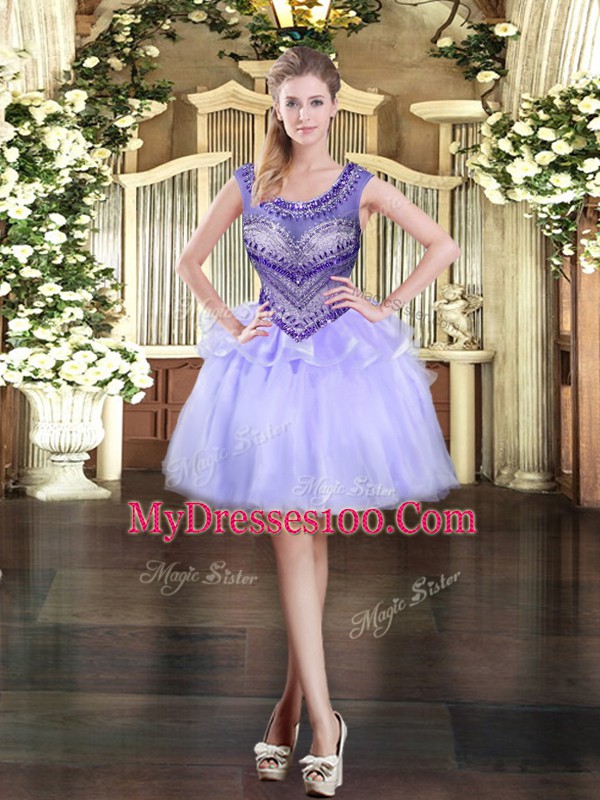 Lavender Ball Gowns Beading and Ruffles Sweet 16 Dress Lace Up Tulle Sleeveless Floor Length