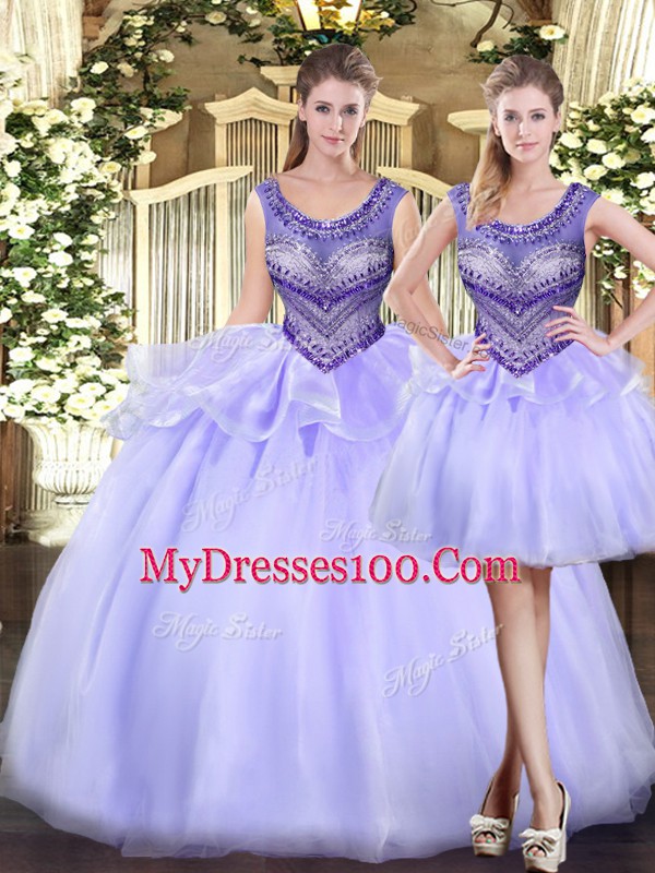 Lavender Ball Gowns Beading and Ruffles Sweet 16 Dress Lace Up Tulle Sleeveless Floor Length