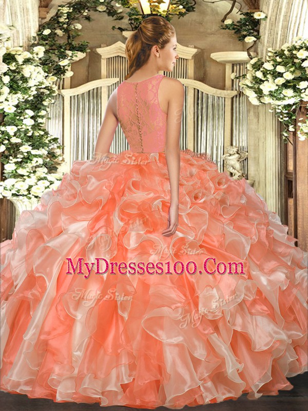 Coral Red Ball Gowns Scoop Sleeveless Organza Floor Length Clasp Handle Lace and Ruffles Quinceanera Gown