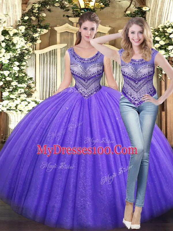 Floor Length Lavender Sweet 16 Dresses Tulle Sleeveless Beading