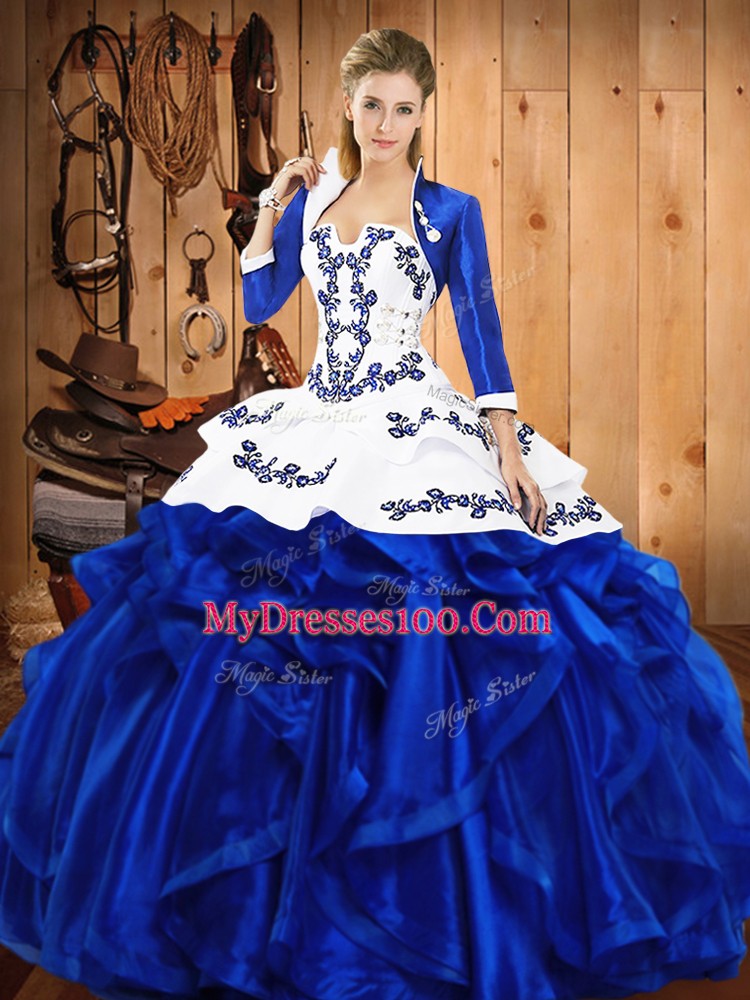 New Style Ball Gowns Quinceanera Dress Blue Strapless Satin and Organza Sleeveless Floor Length Lace Up