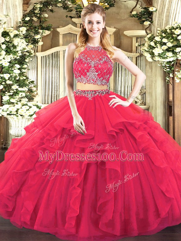 Coral Red Sleeveless Tulle Zipper Quinceanera Dress for Military Ball and Sweet 16 and Quinceanera