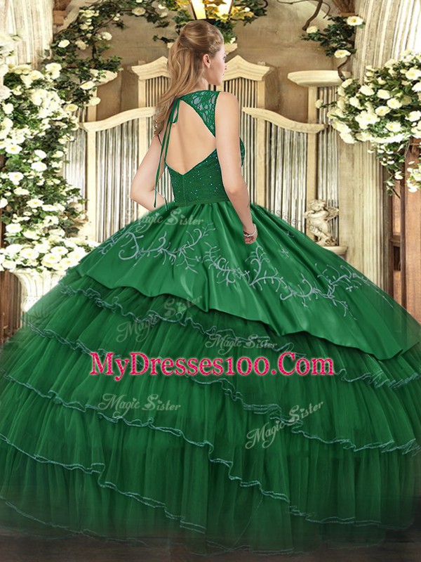 Green Backless V-neck Beading and Lace and Embroidery and Ruffled Layers Quinceanera Dress Organza and Taffeta Sleeveless