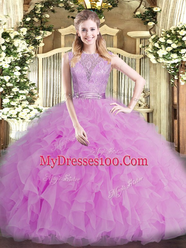 Wonderful Sleeveless Floor Length Beading and Ruffles Backless Ball Gown Prom Dress with Lilac