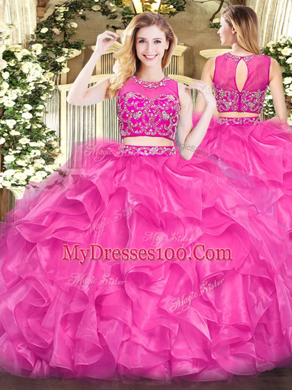 Floor Length Hot Pink 15th Birthday Dress Scoop Sleeveless Zipper