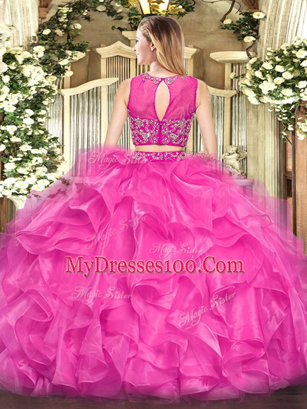 Floor Length Hot Pink 15th Birthday Dress Scoop Sleeveless Zipper