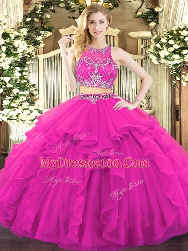 Floor Length Two Pieces Sleeveless Fuchsia Quinceanera Dress Zipper