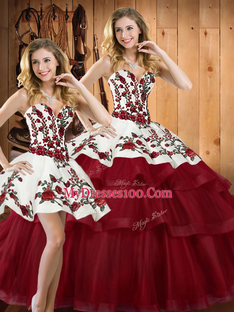 Sleeveless Organza Sweep Train Lace Up Sweet 16 Quinceanera Dress in Wine Red with Embroidery