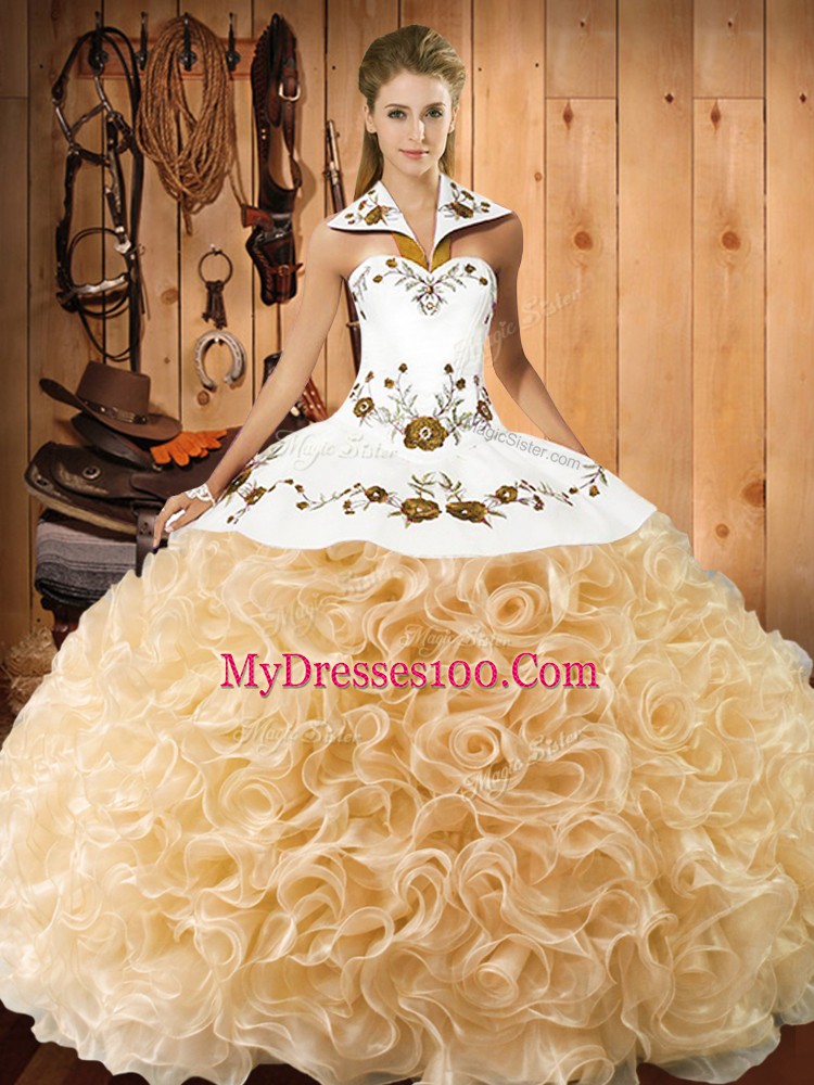 Champagne Lace Up 15th Birthday Dress Embroidery Sleeveless Floor Length