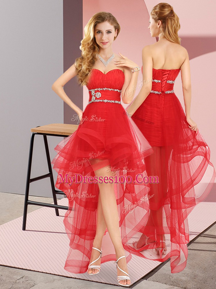 Fine High Low Red Quinceanera Court of Honor Dress Tulle Sleeveless Beading