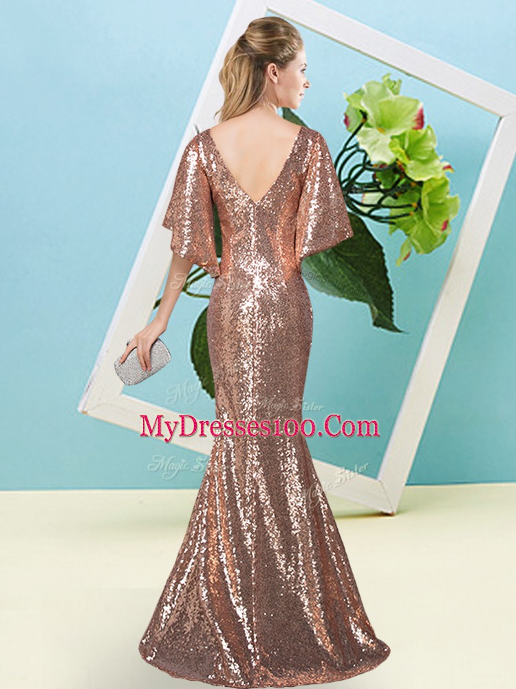 Brown Mermaid Sequins Dress for Prom Zipper Sequined Half Sleeves Floor Length