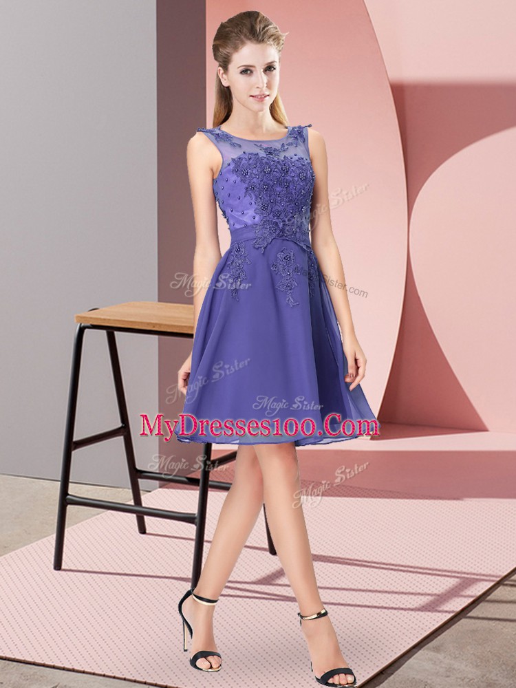 Lavender Sleeveless Knee Length Appliques Zipper Wedding Guest Dresses