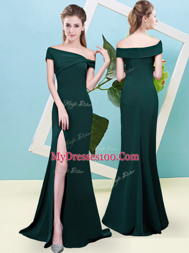 Dark Green Zipper Bridesmaid Dresses Ruching Sleeveless Floor Length