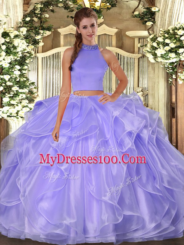 Perfect Organza Halter Top Sleeveless Side Zipper Beading and Ruffles Quinceanera Dresses in Lavender