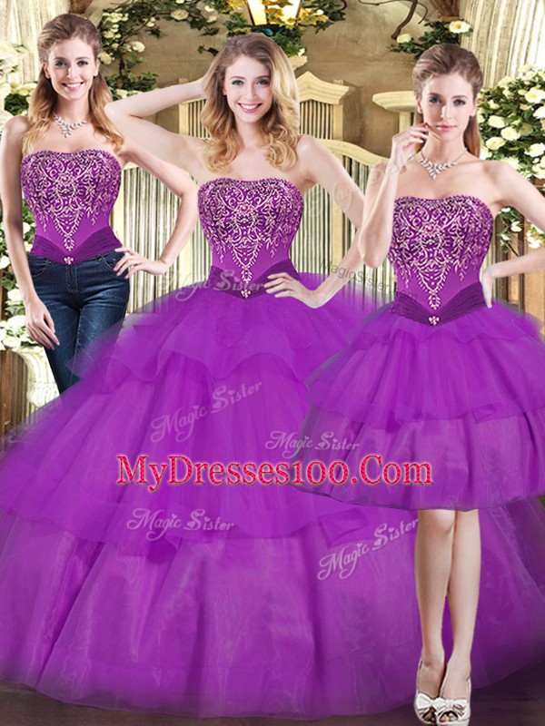 Low Price Sleeveless Tulle Floor Length Lace Up Quinceanera Gowns in Eggplant Purple with Beading and Ruffled Layers