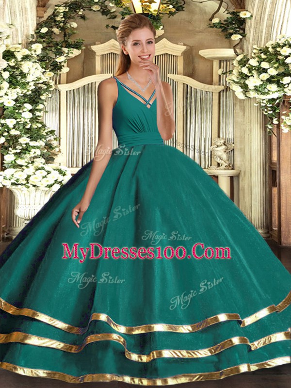 Popular V-neck Sleeveless Organza Quinceanera Dresses Ruffled Layers Backless