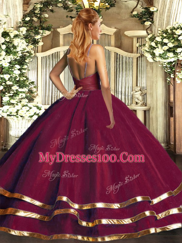 Popular V-neck Sleeveless Organza Quinceanera Dresses Ruffled Layers Backless