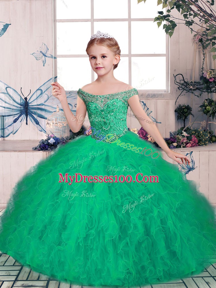 Green Ball Gowns Tulle Off The Shoulder Sleeveless Beading Floor Length Lace Up Kids Formal Wear