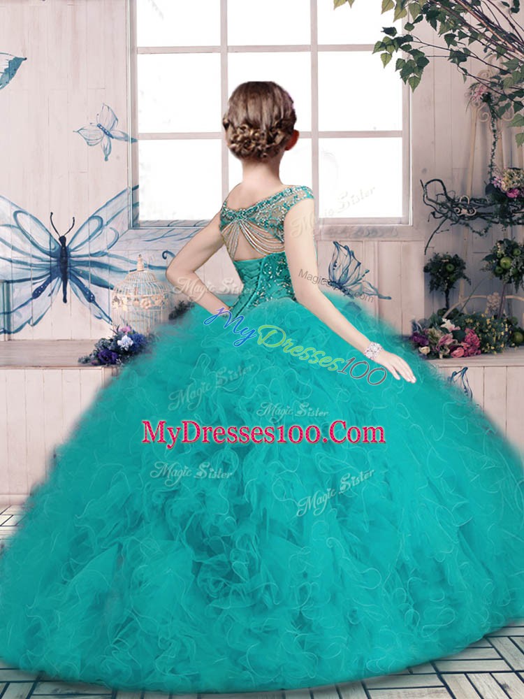 Green Ball Gowns Tulle Off The Shoulder Sleeveless Beading Floor Length Lace Up Kids Formal Wear