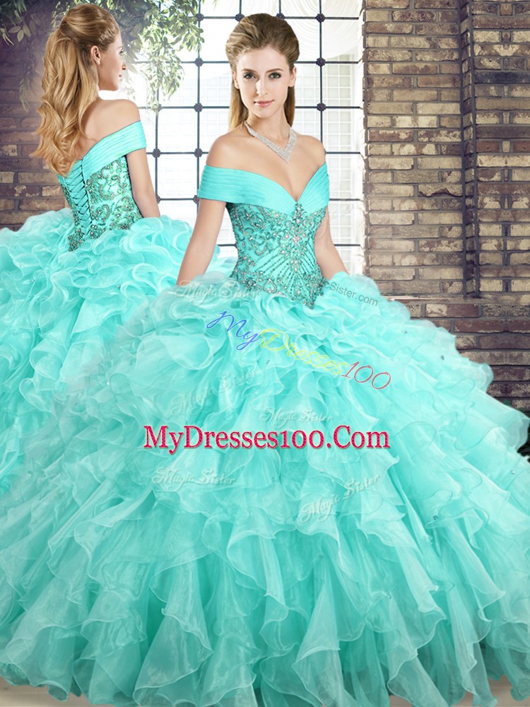 Customized Sleeveless Organza Brush Train Lace Up Sweet 16 Dresses in Aqua Blue with Beading and Ruffles