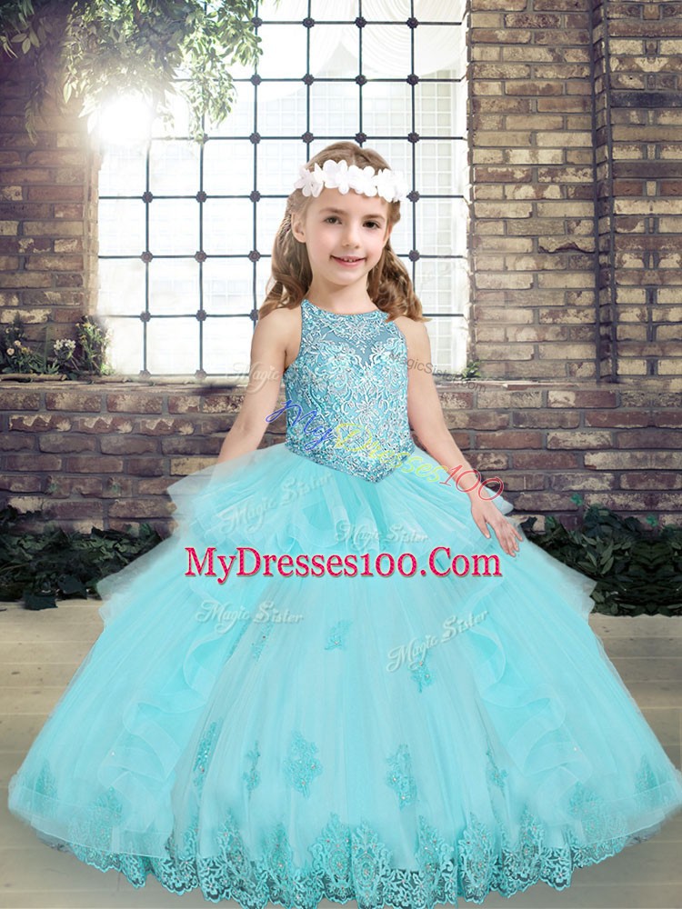 Great Floor Length Aqua Blue Child Pageant Dress Tulle Sleeveless Beading and Lace and Appliques