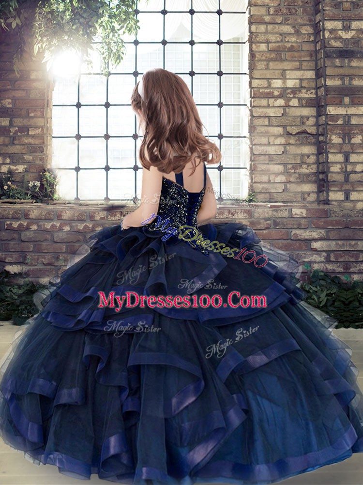 Fantastic Lavender Ball Gowns Tulle Straps Sleeveless Beading and Ruffles Floor Length Lace Up Kids Pageant Dress