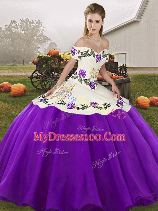 Floor Length White And Purple Quince Ball Gowns Organza Sleeveless Embroidery